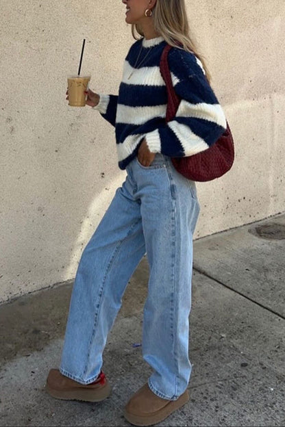 Women's Casual Sweater with Lowered Shoulders and Stripes