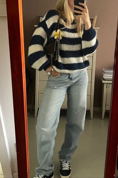 Women's Casual Sweater with Lowered Shoulders and Stripes