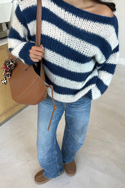 Women's Casual Sweater with Lowered Shoulders and Stripes