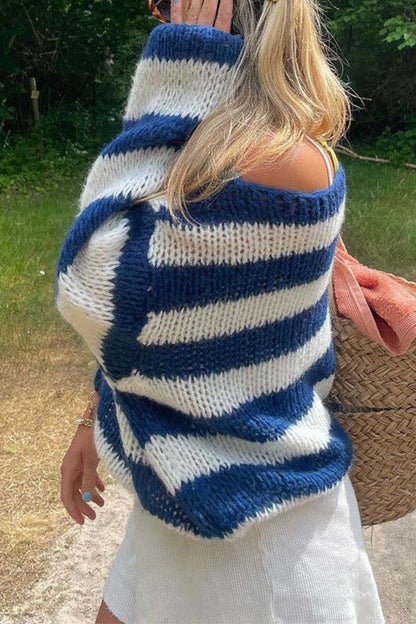Women's Casual Sweater with Lowered Shoulders and Stripes