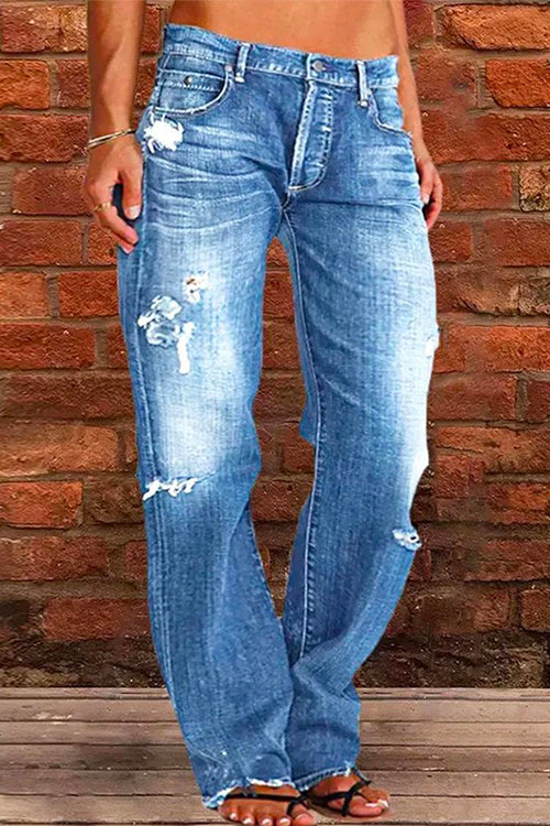 Women's Casual Torn Jeans with One Button and Pockets