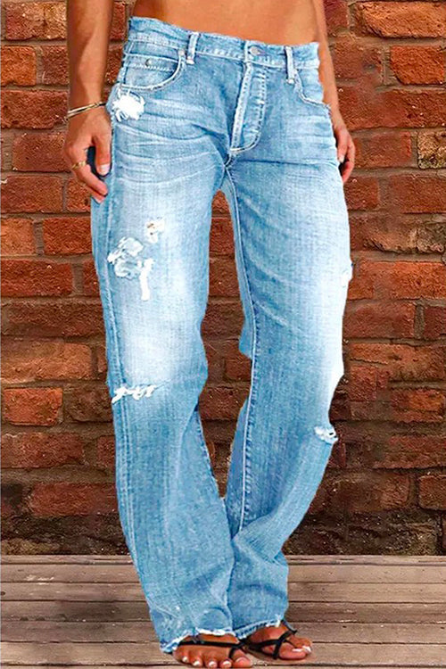 Women's Casual Torn Jeans with One Button and Pockets