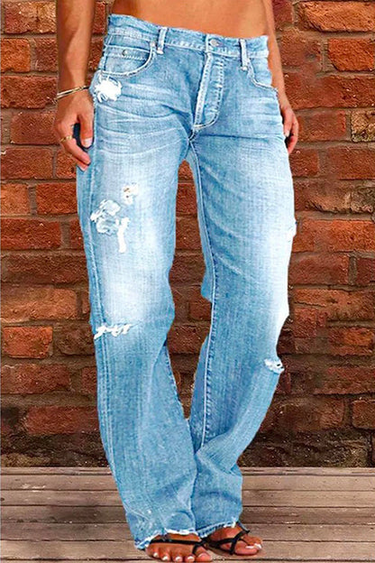 Women's Casual Torn Jeans with One Button and Pockets