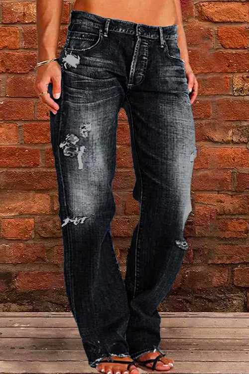Women's Casual Torn Jeans with One Button and Pockets