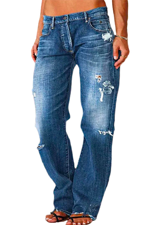 Women's Casual Torn Jeans with One Button and Pockets