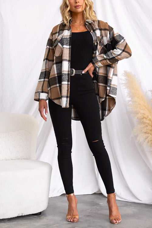 Women's Checked Shacket Jacket with Revers and Button Pockets