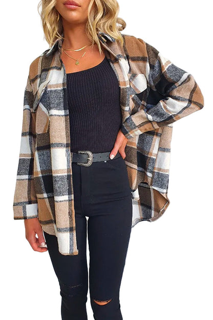 Women's Checked Shacket Jacket with Revers and Button Pockets