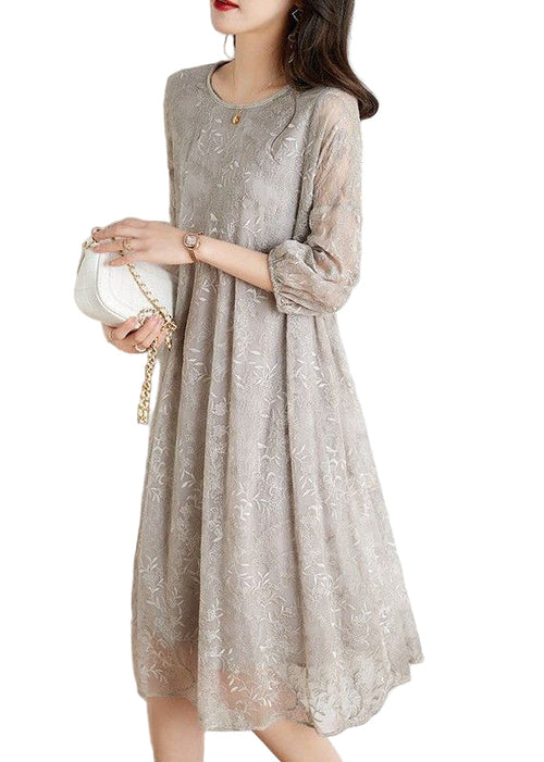 Women's Chiffon Long Dress With Belt Three-Quarter Sleeves For Party Wear