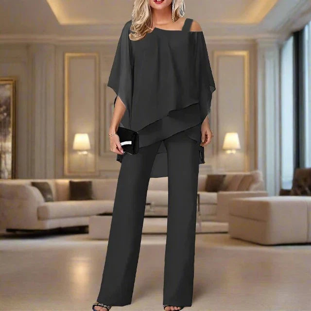 Women's Chiffon Set with Shoulderless Top and Elegant Pants