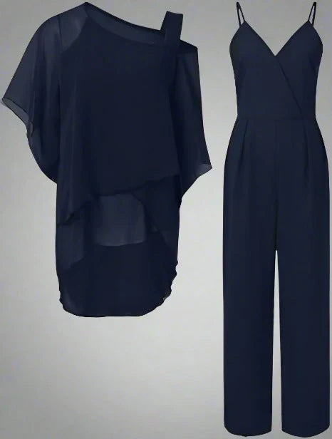 Women's Chiffon Set with Shoulderless Top and Elegant Pants