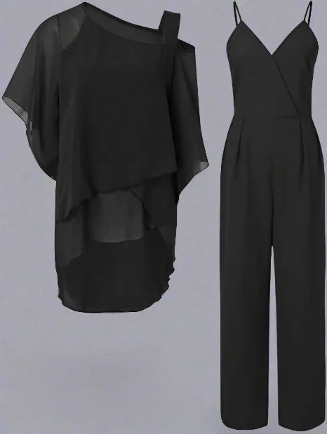 Women's Chiffon Set with Shoulderless Top and Elegant Pants