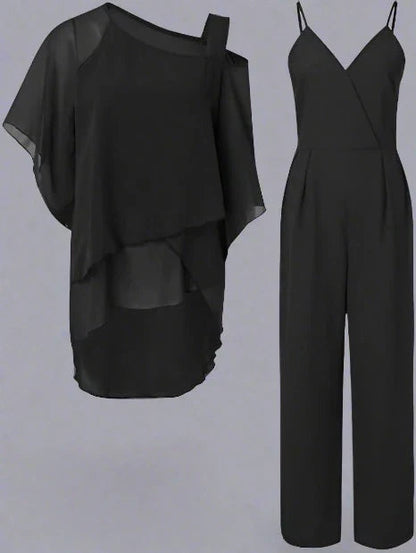 Women's Chiffon Set with Shoulderless Top and Elegant Pants