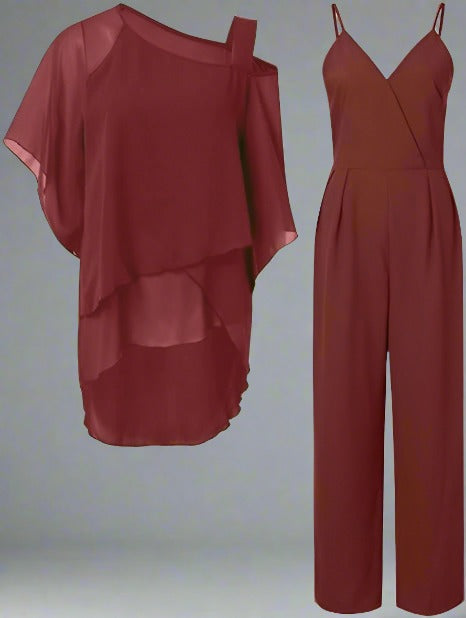 Women's Chiffon Set with Shoulderless Top and Elegant Pants