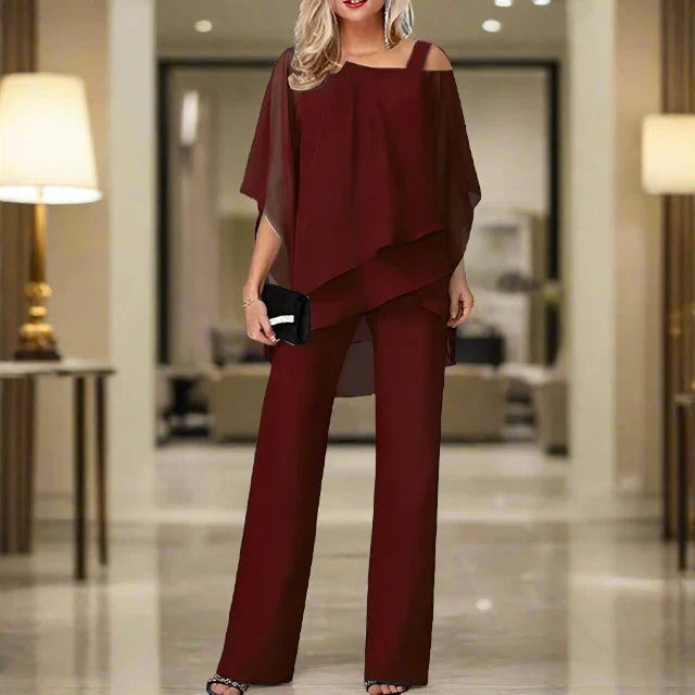 Women's Chiffon Set with Shoulderless Top and Elegant Pants