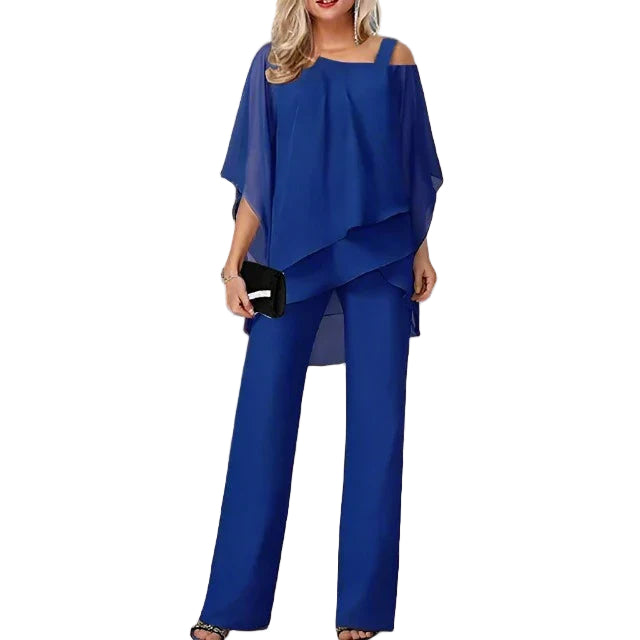 Women's Chiffon Set with Shoulderless Top and Elegant Pants