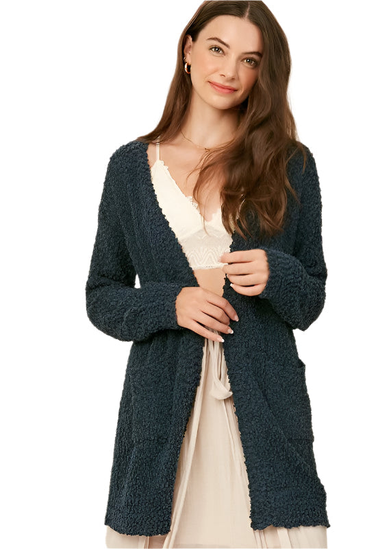Women's Chunky Open Cardigan Popcorn Texture Soft Knit
