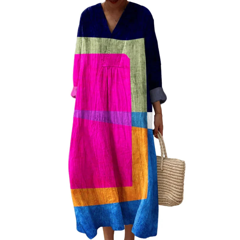 Women's Colour Block Dress V-Neck Soft Breathable Casual Dresses