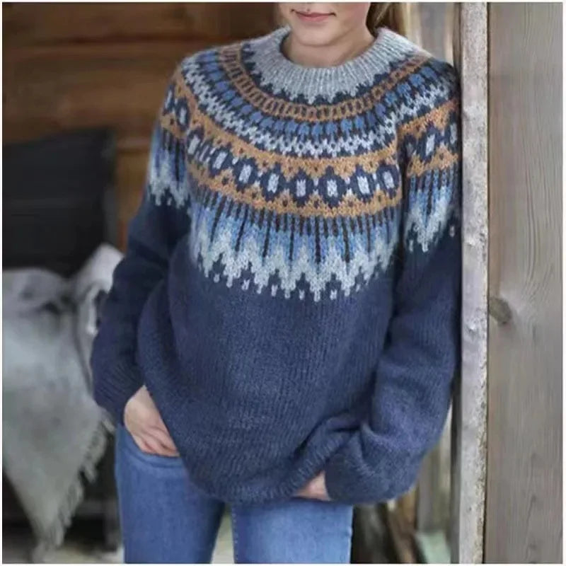 Women's Colour Block Sweater Round Neck Loose Fit High Quality Knit