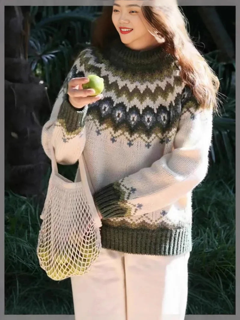 Women's Colour Block Sweater Round Neck Loose Fit High Quality Knit