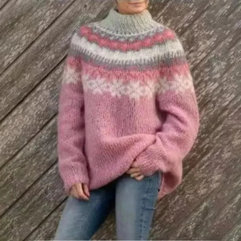 Women's Colour Block Sweater Round Neck Loose Fit High Quality Knit