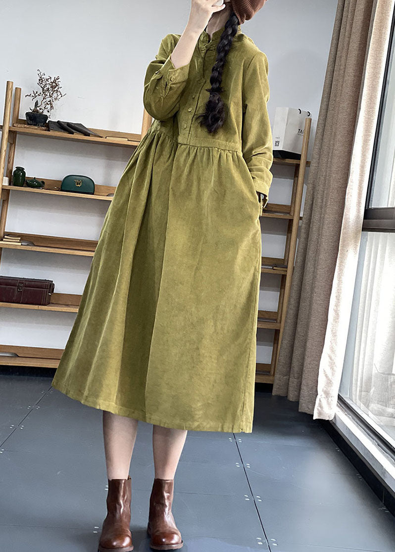 Women's Corduroy Dress with Stand-up Collar and Patchwork