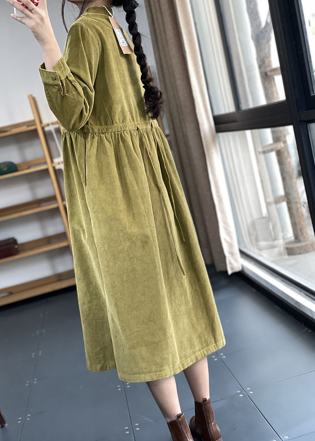 Women's Corduroy Dress with Stand-up Collar and Patchwork