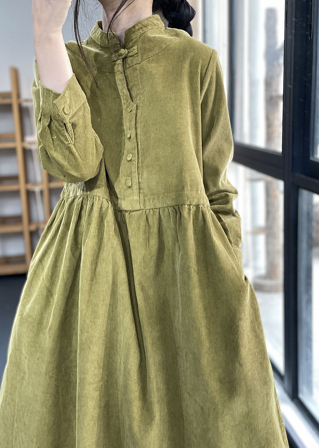 Women's Corduroy Dress with Stand-up Collar and Patchwork