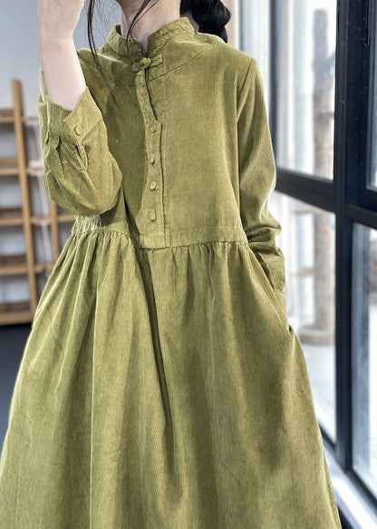Women's Corduroy Dress with Stand-up Collar and Patchwork