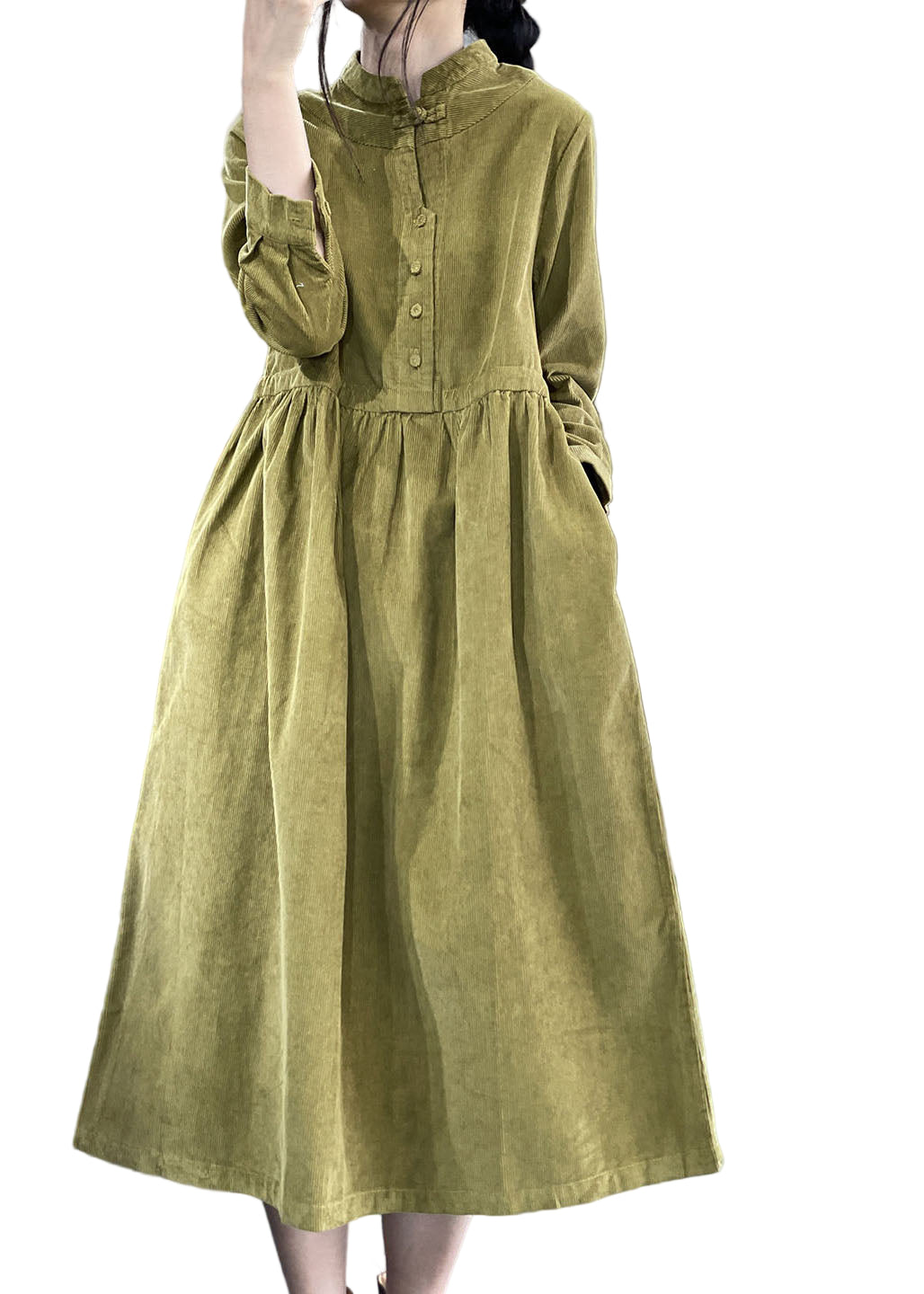 Women's Corduroy Dress with Stand-up Collar and Patchwork