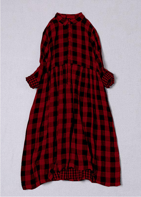 Women's Cotton Dress with Peter Pan Collar and Plaid Pattern