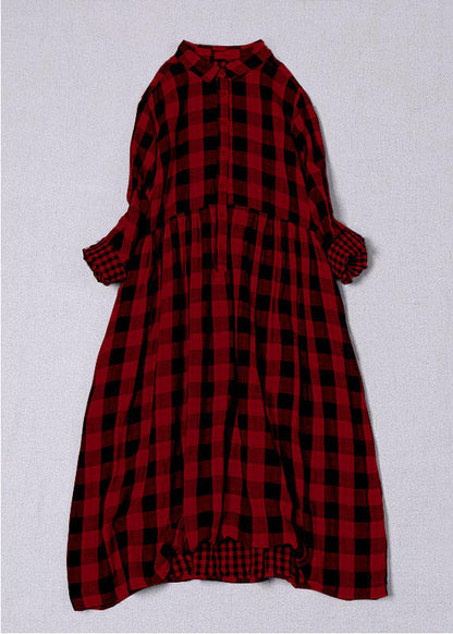 Women's Cotton Dress with Peter Pan Collar and Plaid Pattern
