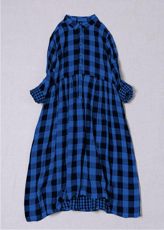 Women's Cotton Dress with Peter Pan Collar and Plaid Pattern