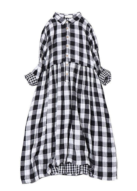 Women's Cotton Dress with Peter Pan Collar and Plaid Pattern
