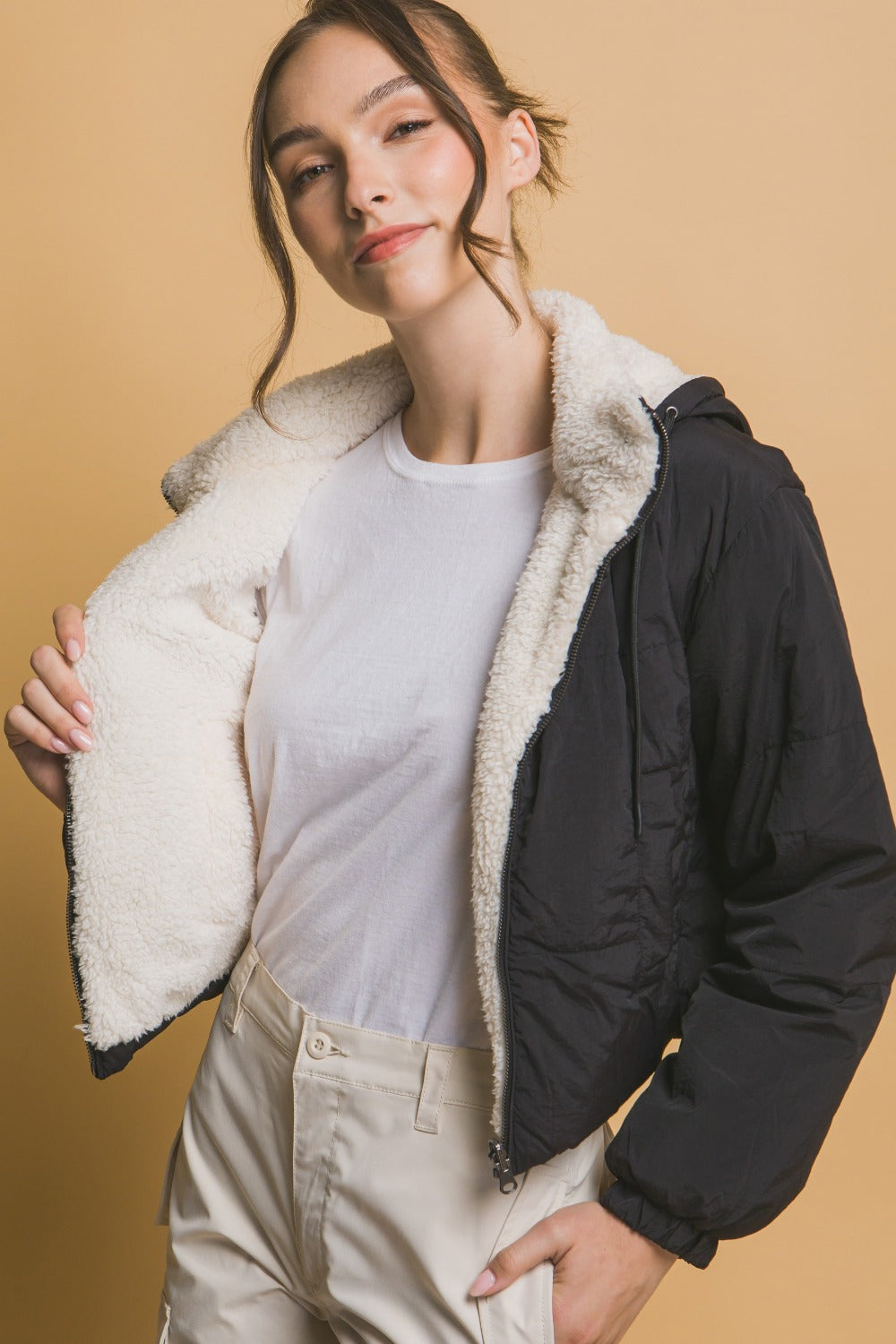 Women's Cropped Hooded Sherpa Reversible Jacket