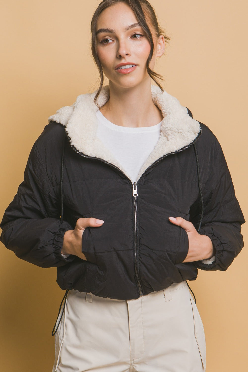 Women's Cropped Hooded Sherpa Reversible Jacket