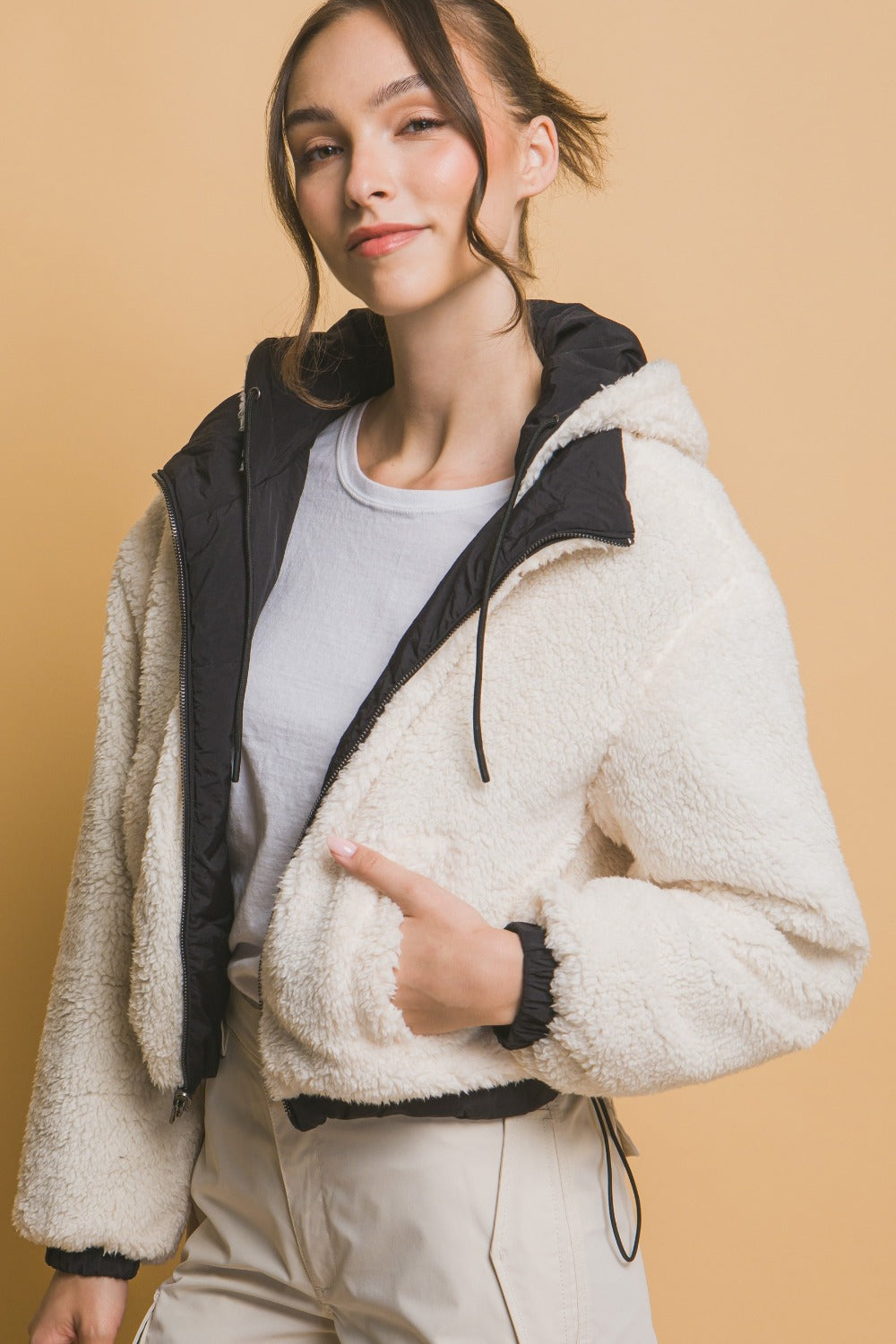 Women's Cropped Hooded Sherpa Reversible Jacket