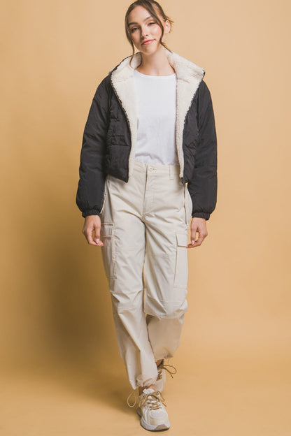 Women's Cropped Hooded Sherpa Reversible Jacket