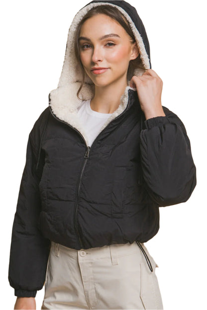 Women's Cropped Hooded Sherpa Reversible Jacket