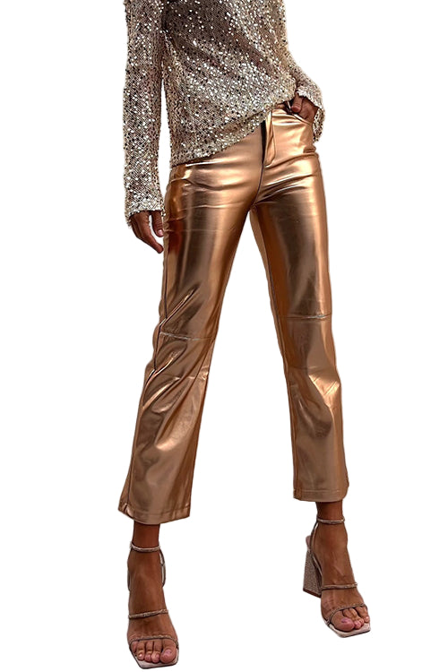 Women's Cropped Trousers Metallic Faux Leather Straight Cut