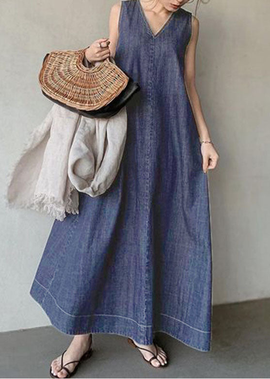 Women's Denim Dress With Cold Shoulders And V-Neck