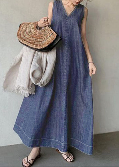 Women's Denim Dress With Cold Shoulders And V-Neck