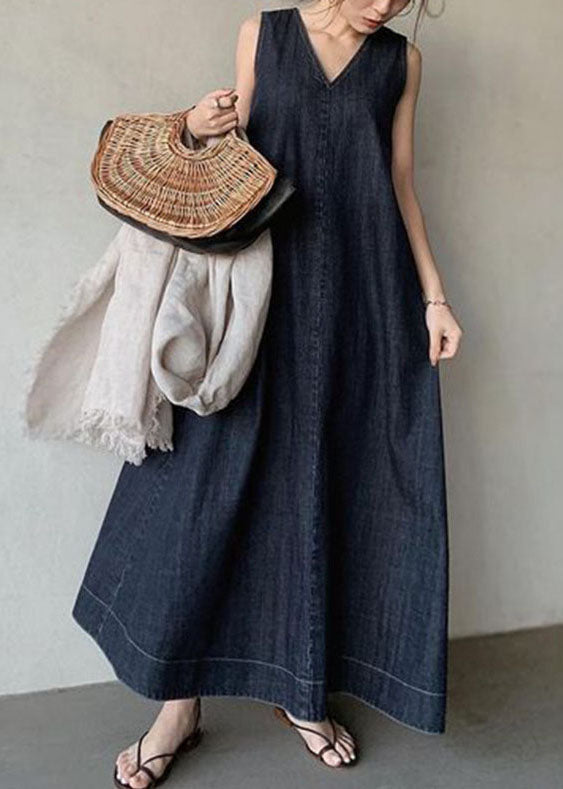 Women's Denim Dress With Cold Shoulders And V-Neck