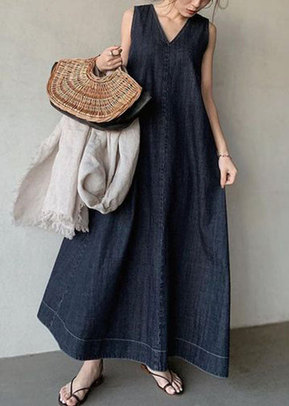 Women's Denim Dress With Cold Shoulders And V-Neck
