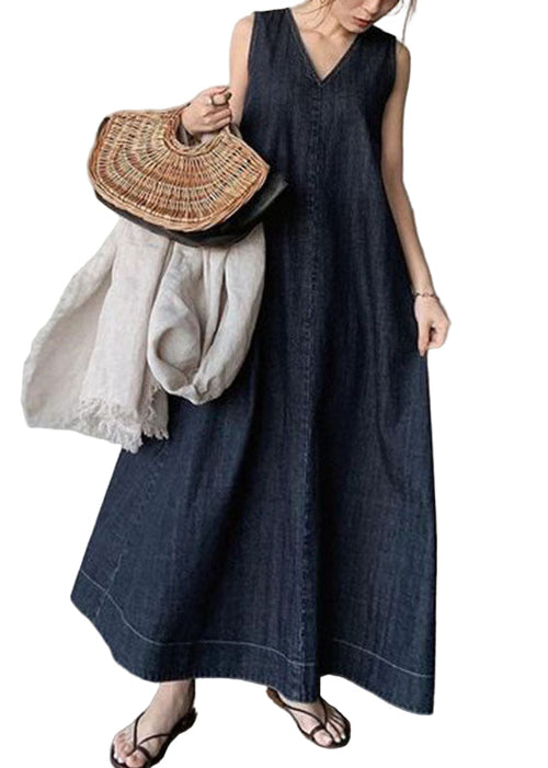 Women's Denim Dress With Cold Shoulders And V-Neck