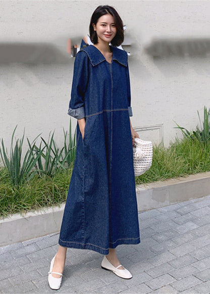 Women's Denim Dress with Peter Pan Collar and Patches