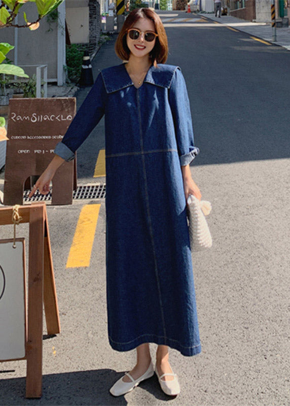 Women's Denim Dress with Peter Pan Collar and Patches