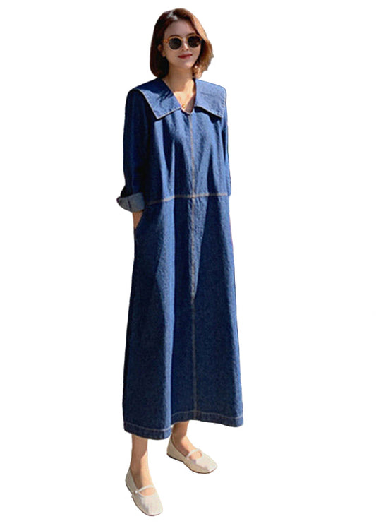Women's Denim Dress with Peter Pan Collar and Patches