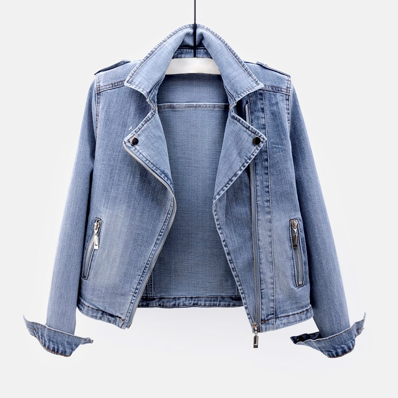 Women's Denim Jacket Oversized Asymmetric Zip With Stand-up Collar