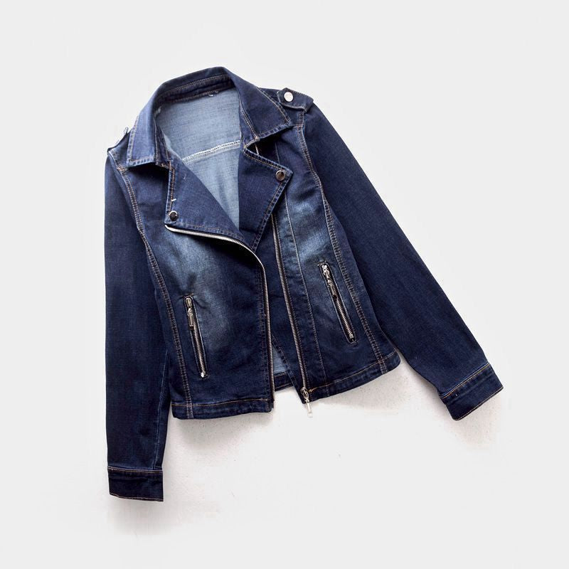 Women's Denim Jacket Oversized Asymmetric Zip With Stand-up Collar