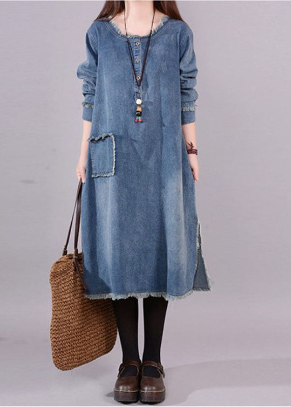 Women's Denim O-neck Dress with Buttons and Pockets Casual